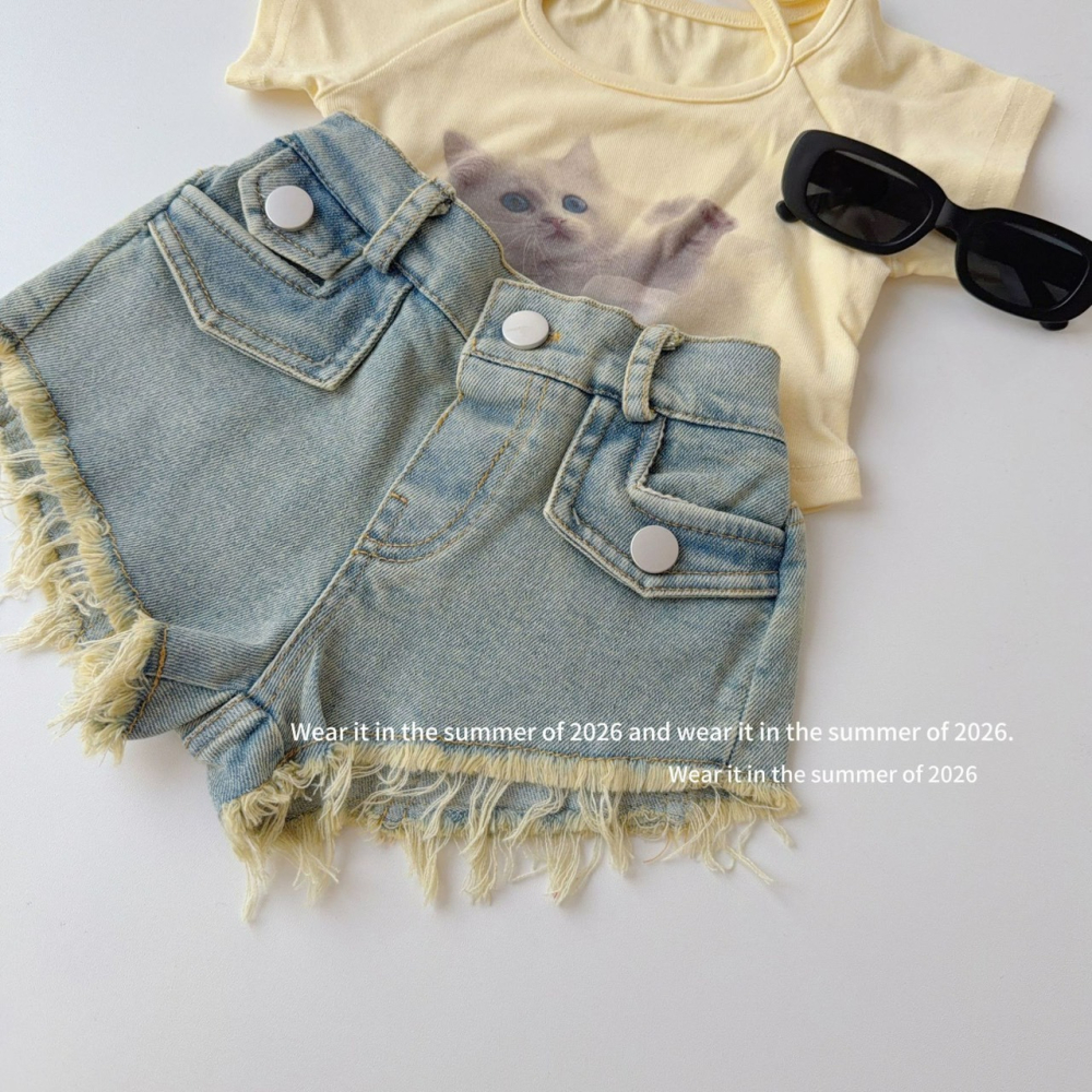 女中大童復古毛邊美式夏季辣妹低腰牛仔超短褲-細節圖2