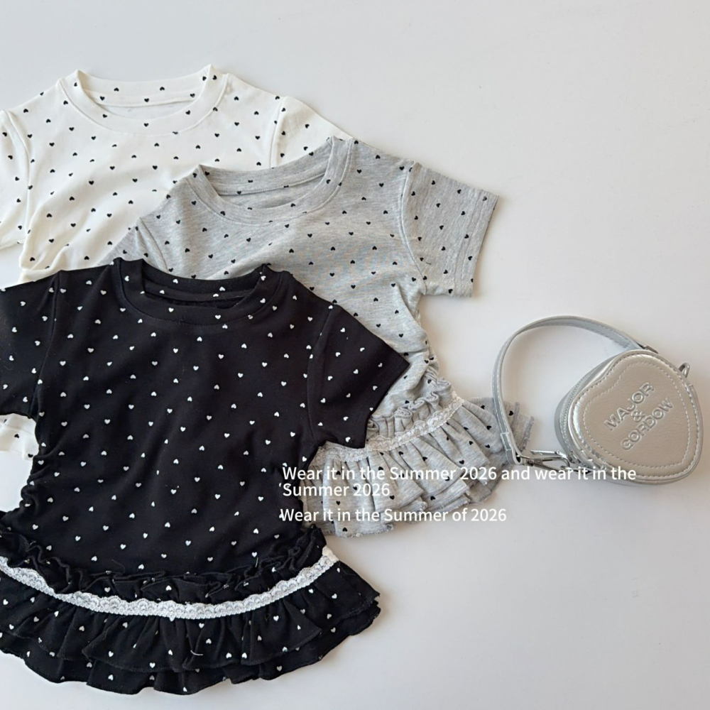 女中大童夏季愛心波點印花蕾絲花邊短袖T恤-細節圖2