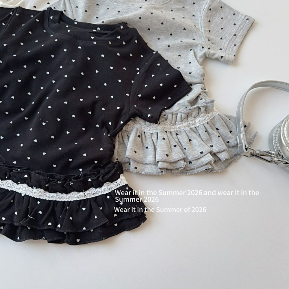 女中大童夏季愛心波點印花蕾絲花邊短袖T恤-細節圖3