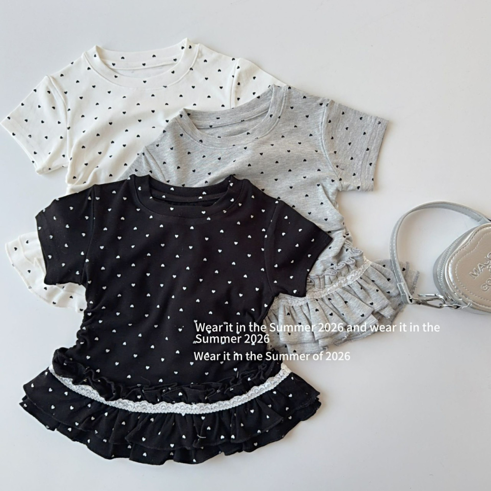 女中大童夏季愛心波點印花蕾絲花邊短袖T恤-細節圖4