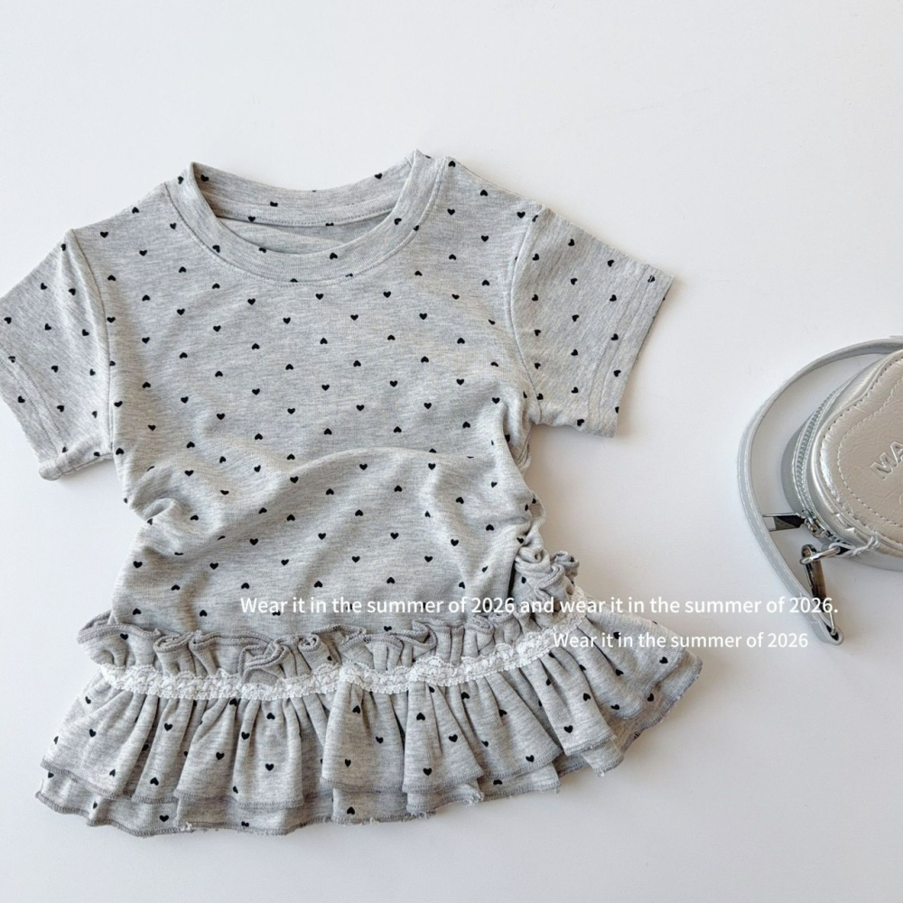 女中大童夏季愛心波點印花蕾絲花邊短袖T恤-細節圖6