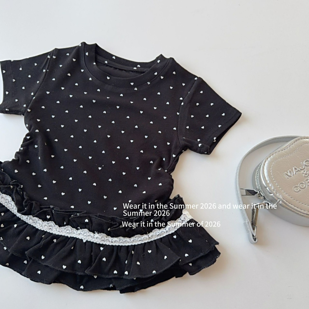 女中大童夏季愛心波點印花蕾絲花邊短袖T恤-細節圖7