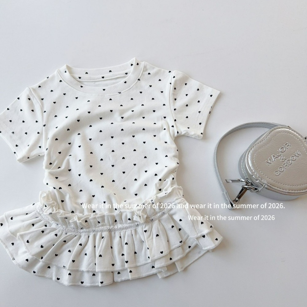 女中大童夏季愛心波點印花蕾絲花邊短袖T恤-規格圖7