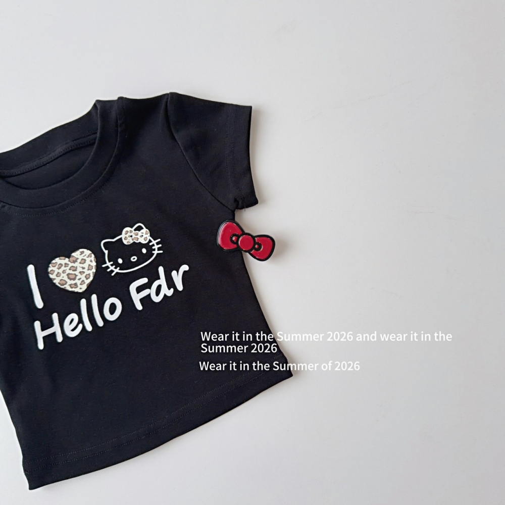 女中大童夏季短版黑色KT短袖上衣-細節圖2