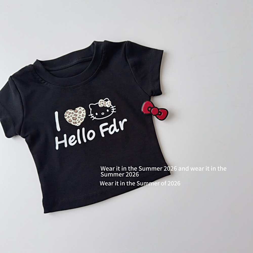 女中大童夏季短版黑色KT短袖上衣-細節圖3