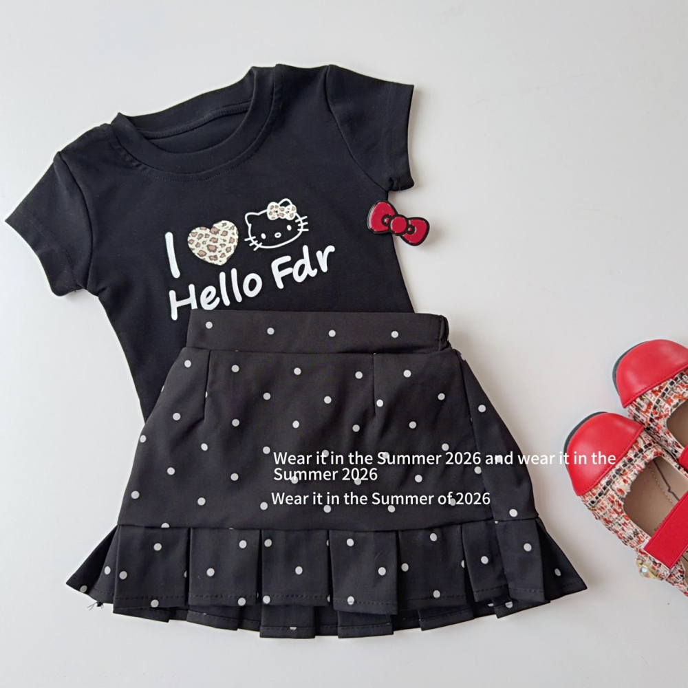 女中大童夏季短版黑色KT短袖上衣-細節圖5