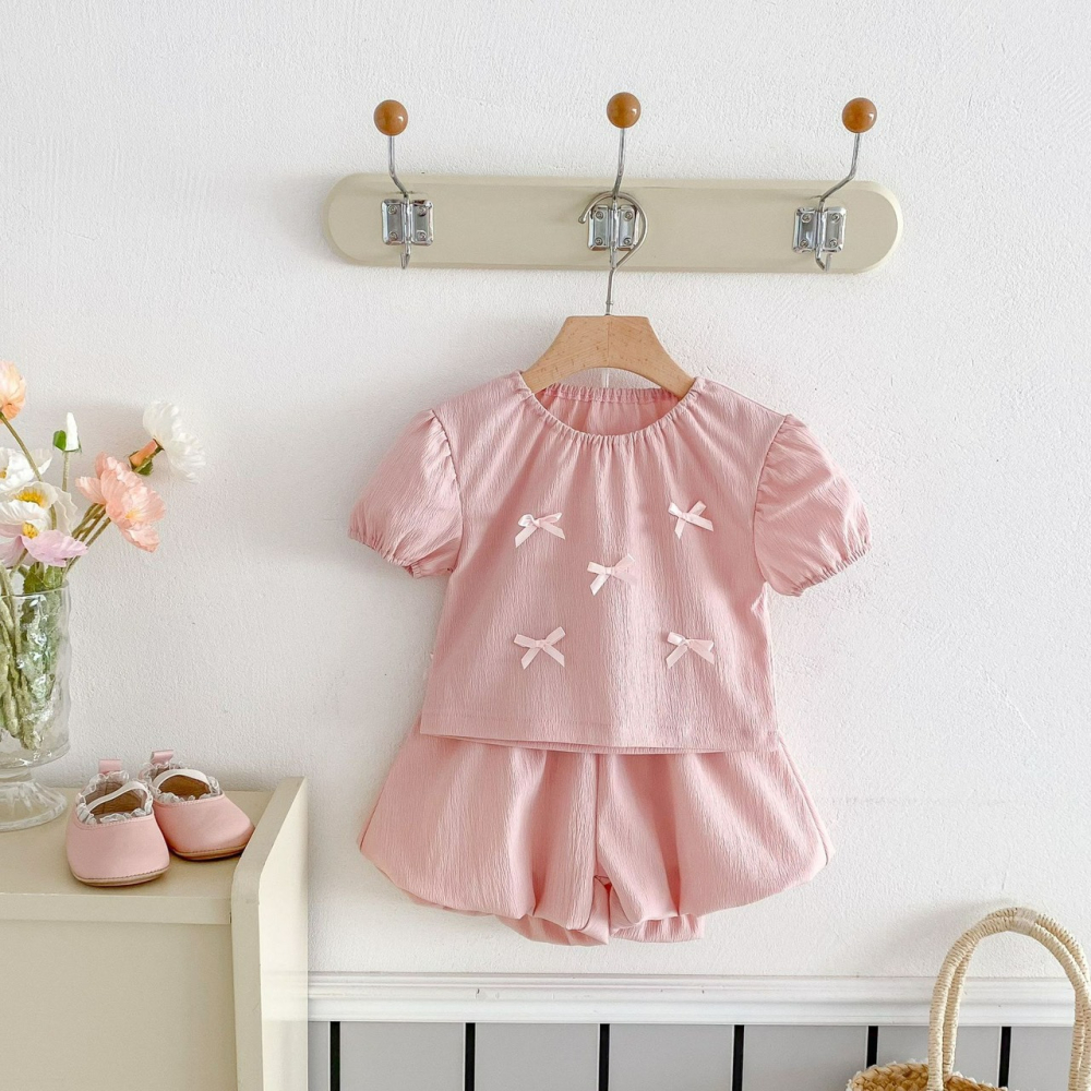 Angou中小童韓版女童蝴蝶結T恤＋花苞短褲套裝-細節圖3