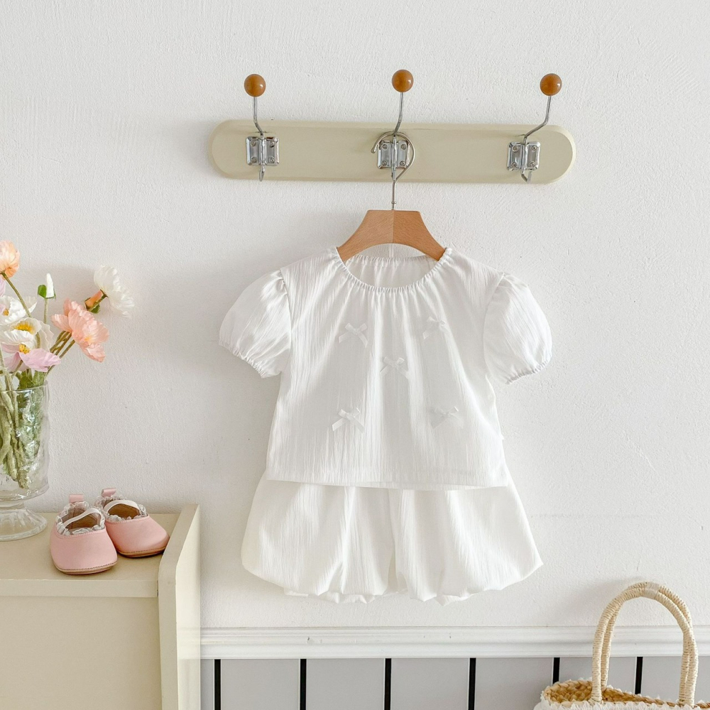 Angou中小童韓版女童蝴蝶結T恤＋花苞短褲套裝-細節圖4