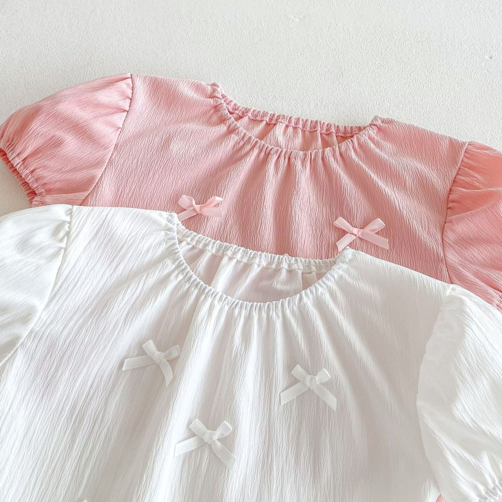 Angou中小童韓版女童蝴蝶結T恤＋花苞短褲套裝-細節圖5