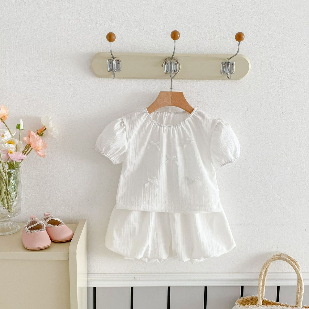 Angou中小童韓版女童蝴蝶結T恤＋花苞短褲套裝-規格圖8