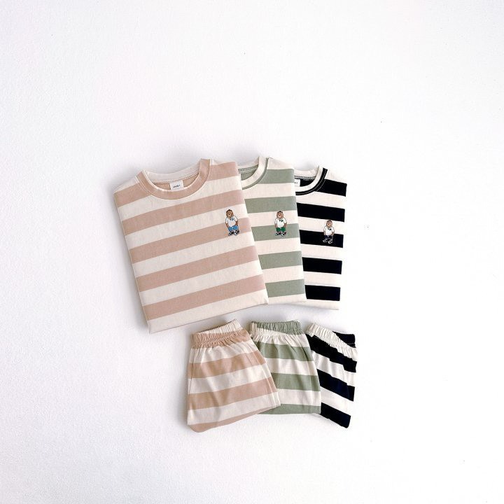 Angou中小童小熊標條紋短袖T恤＋短褲套裝-細節圖2