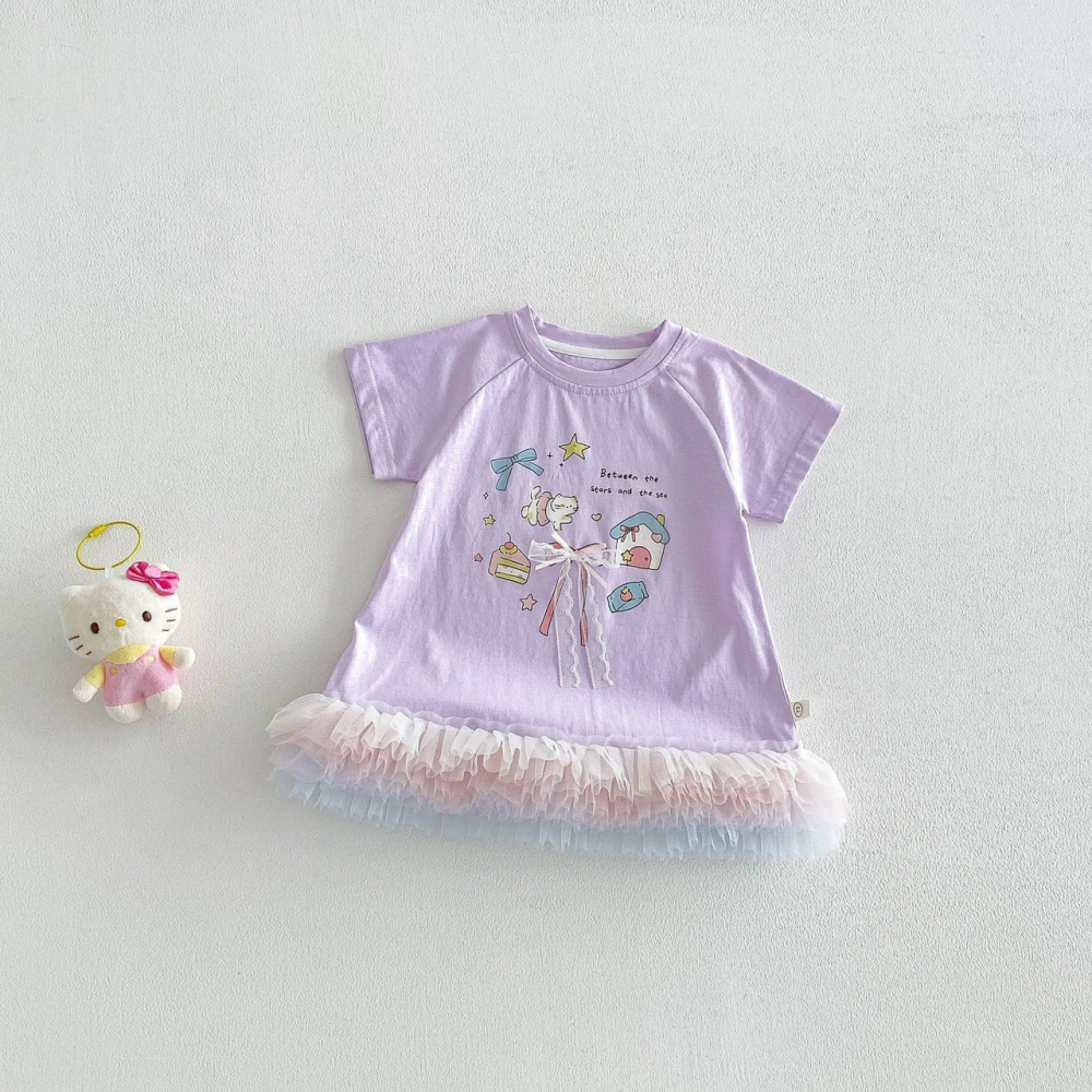 寶寶夏季韓系蝴蝶結卡通網紗連衣裙-細節圖3