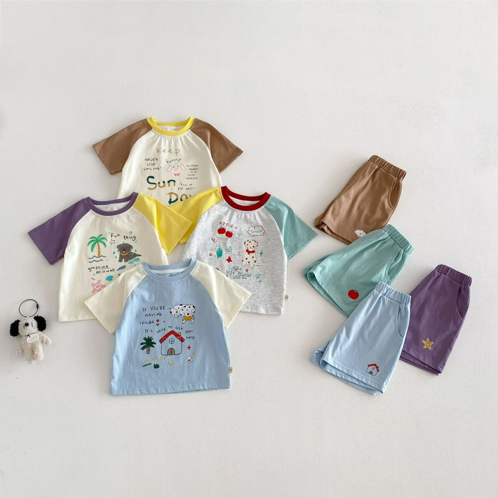 寶寶夏季撞色卡通插畫印花兩件套-細節圖2
