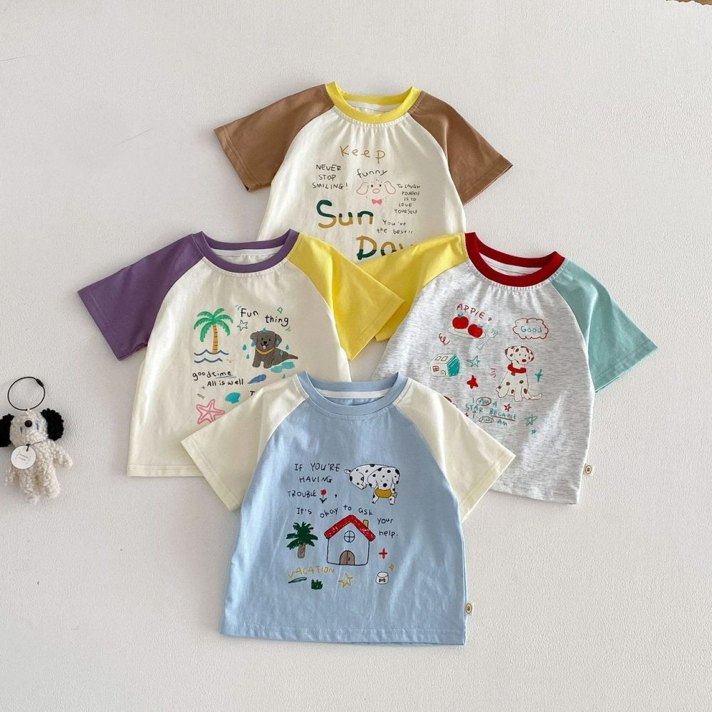 寶寶夏季撞色卡通插畫印花兩件套-細節圖4