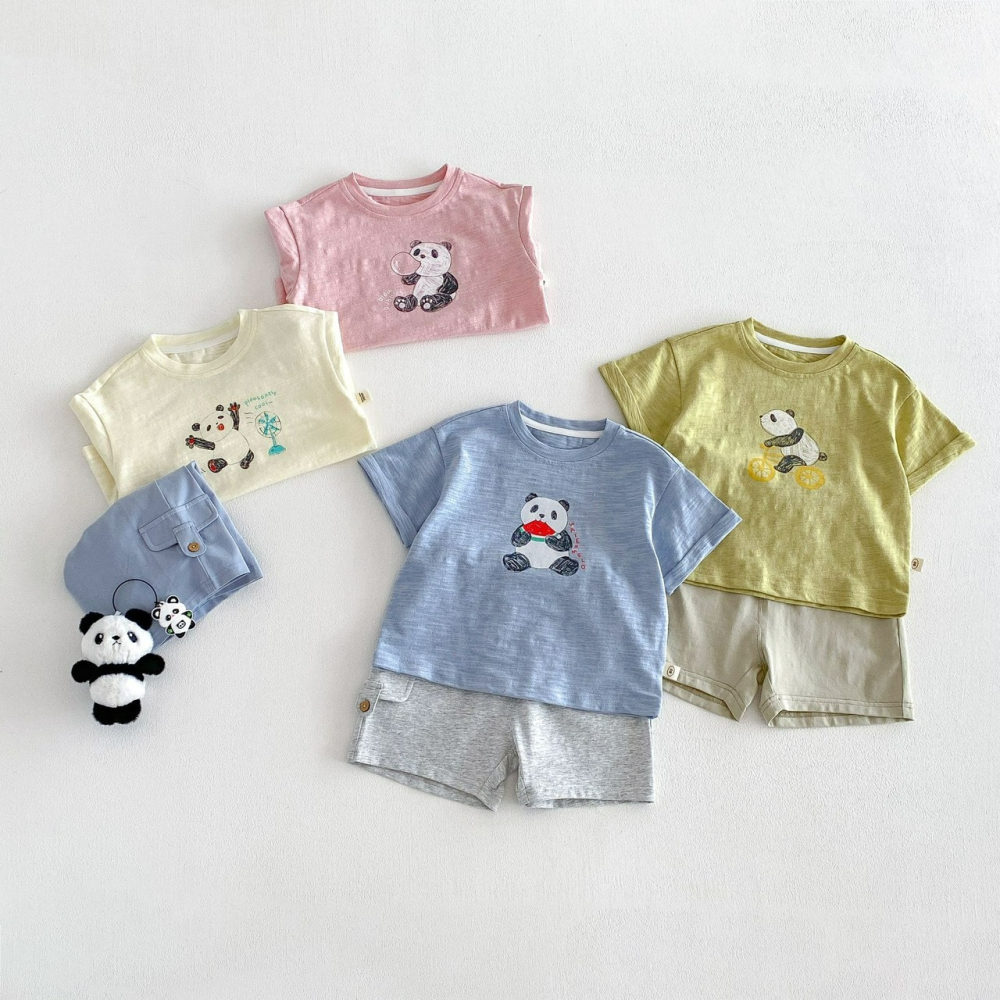 寶寶夏季竹節棉純色熊貓短袖上衣/短褲-細節圖2