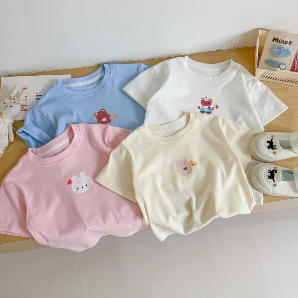 夏季兒童純色可愛動物短袖T恤-細節圖2
