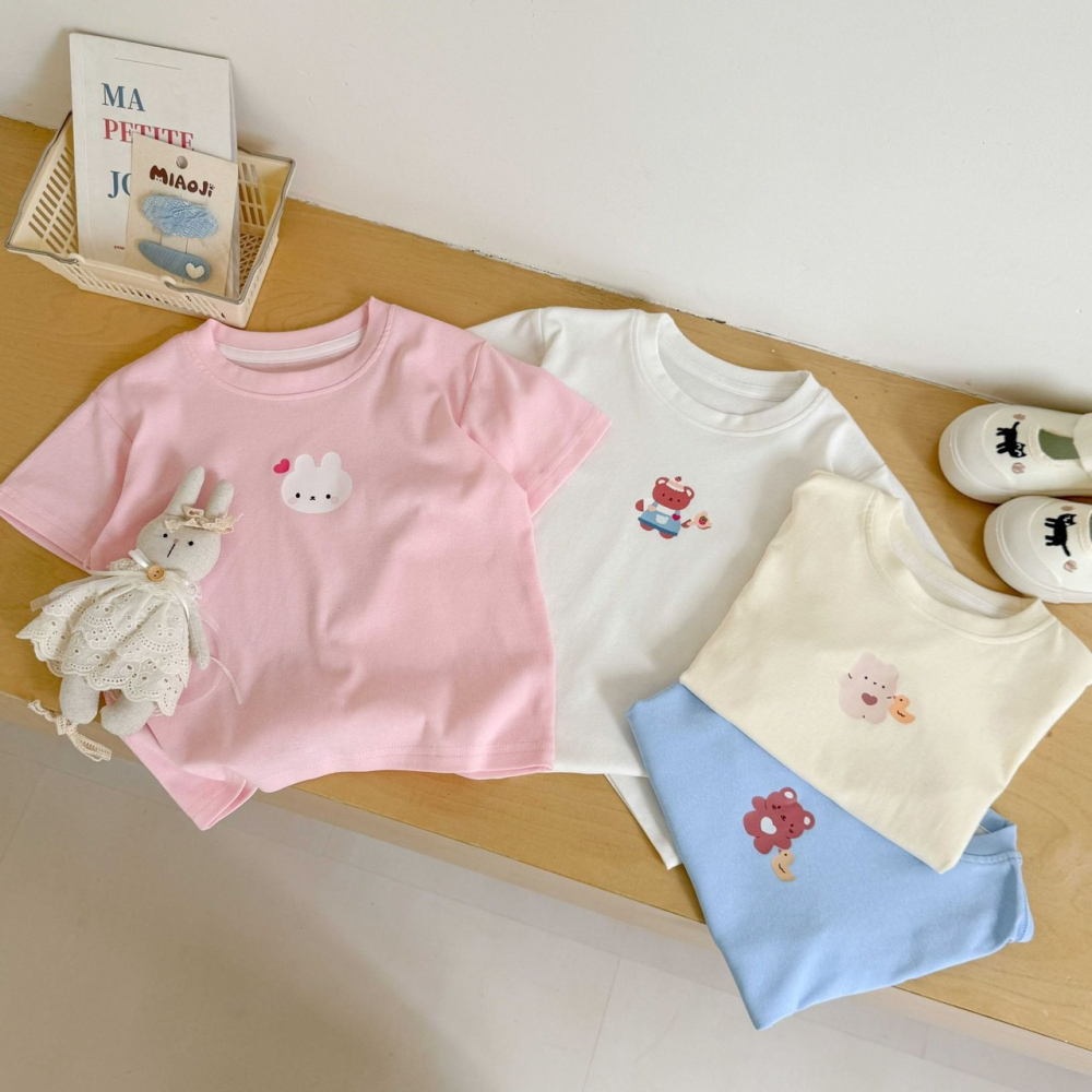 夏季兒童純色可愛動物短袖T恤-細節圖4