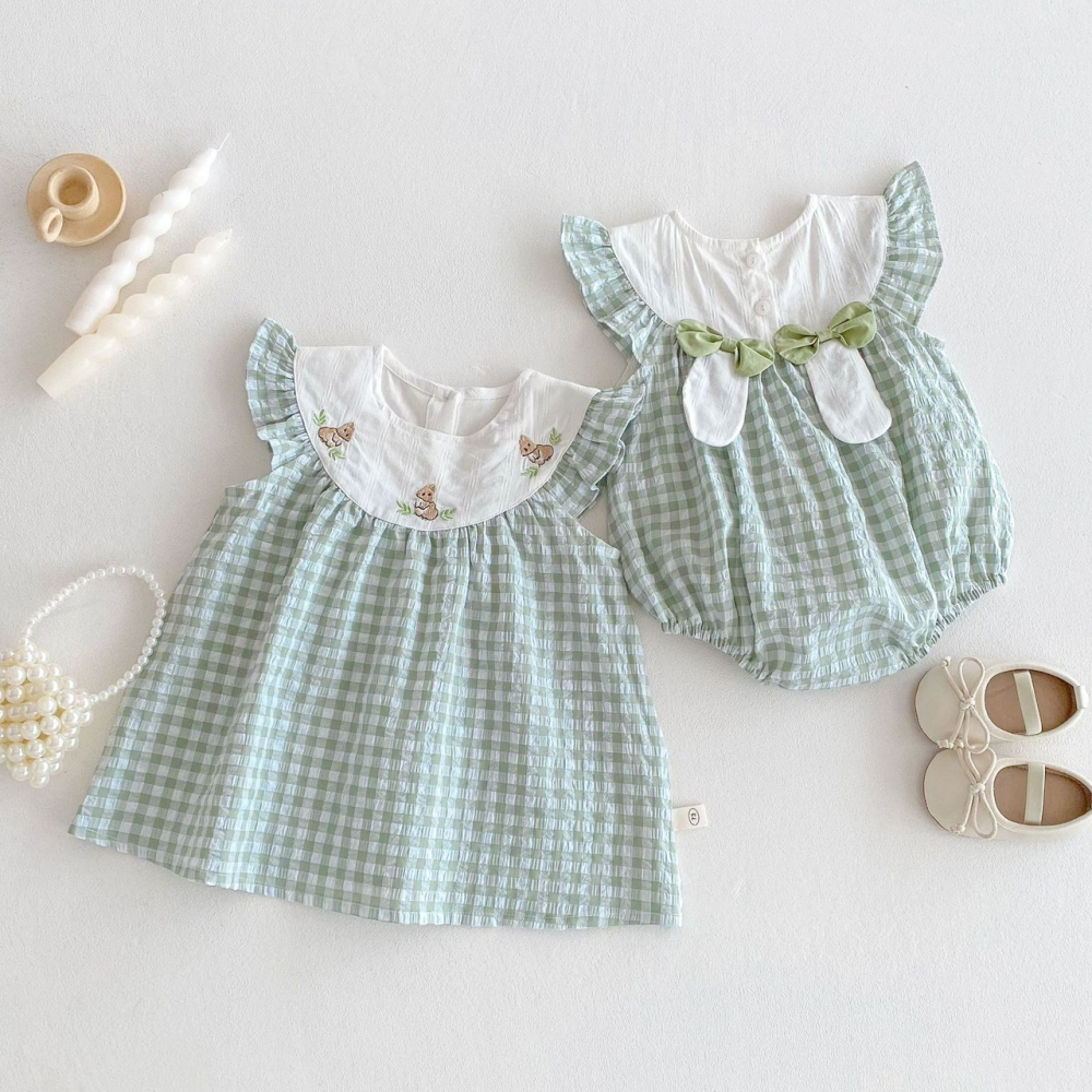 女寶刺繡小兔格子包屁衣/連衣裙-細節圖2