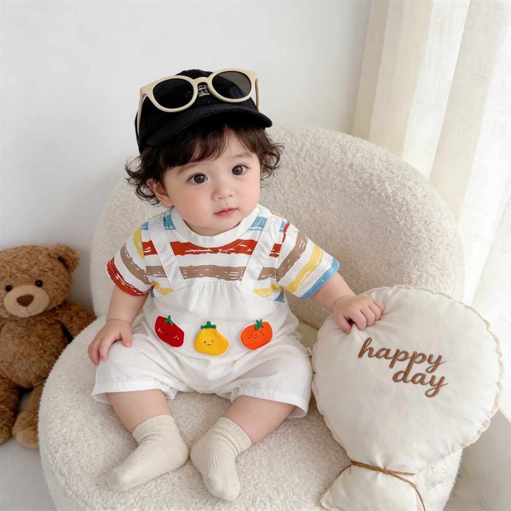 寶寶夏季番茄條紋假背帶包屁衣(含襪子)-細節圖2