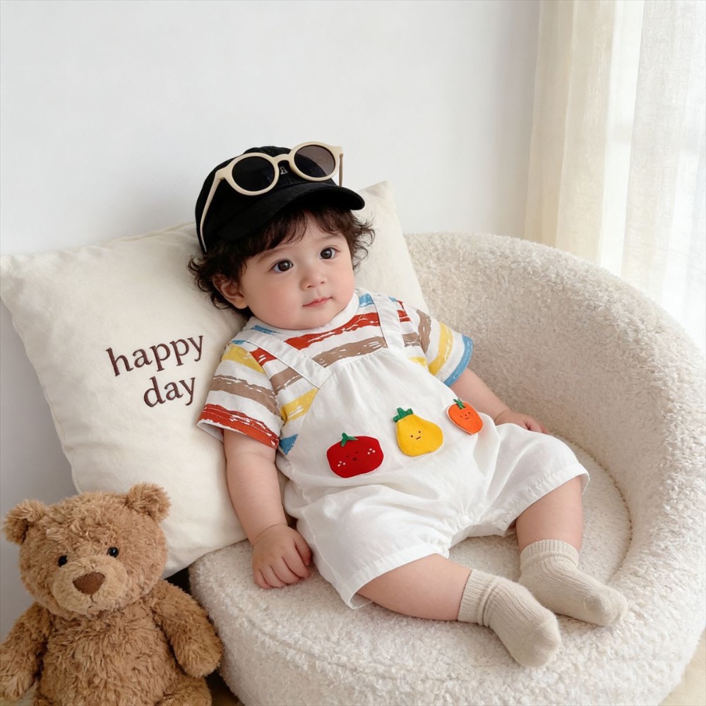 寶寶夏季番茄條紋假背帶包屁衣(含襪子)-細節圖3