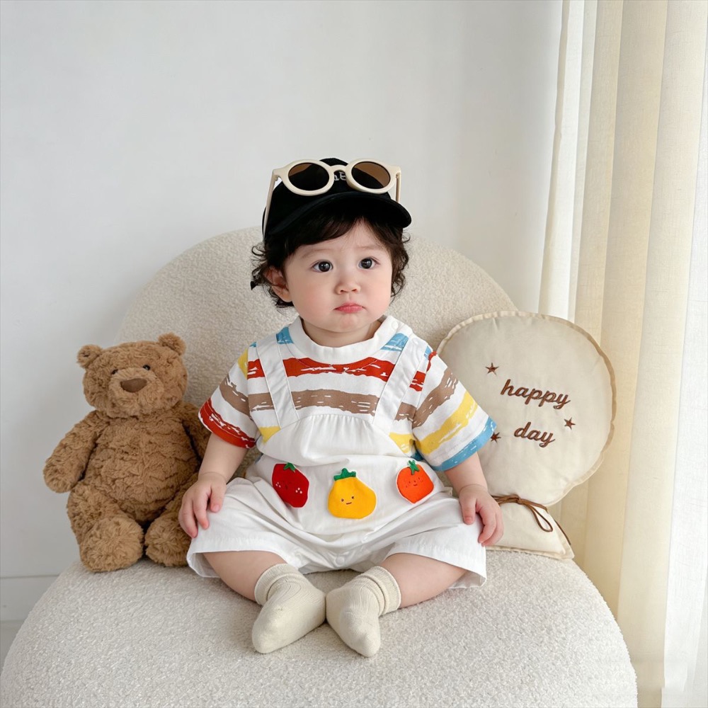 寶寶夏季番茄條紋假背帶包屁衣(含襪子)-細節圖4