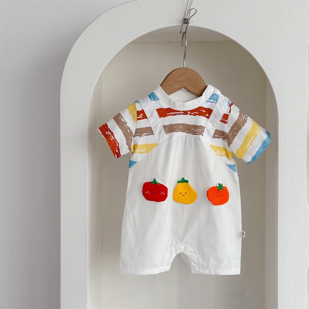 寶寶夏季番茄條紋假背帶包屁衣(含襪子)-細節圖5