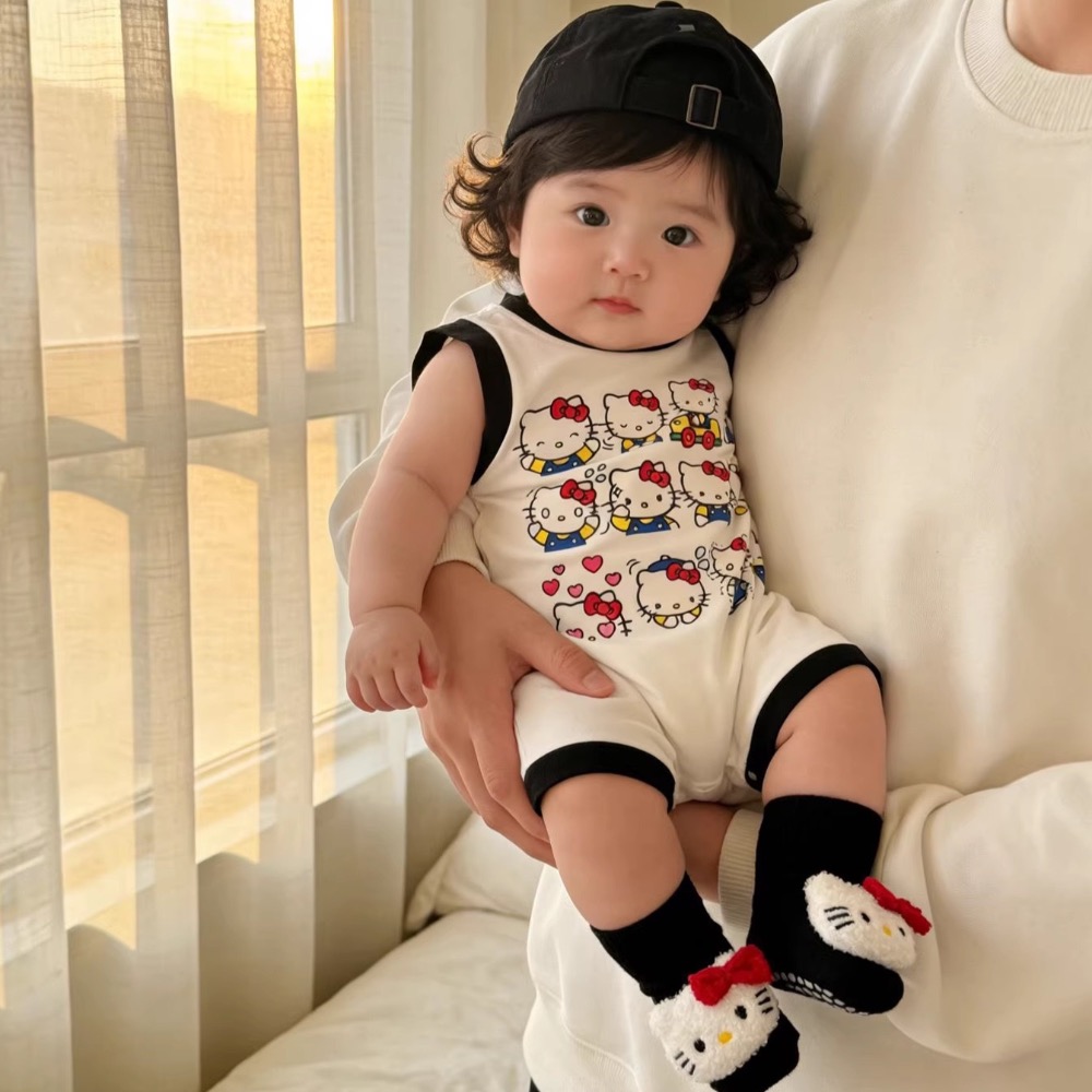 寶寶夏季黑領凱蒂連身包屁衣(含襪子)-細節圖3