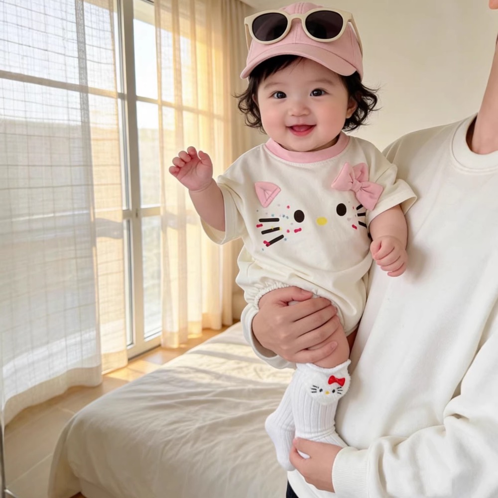 寶寶夏季粉領KITTY短袖包屁衣(含襪子)-細節圖3