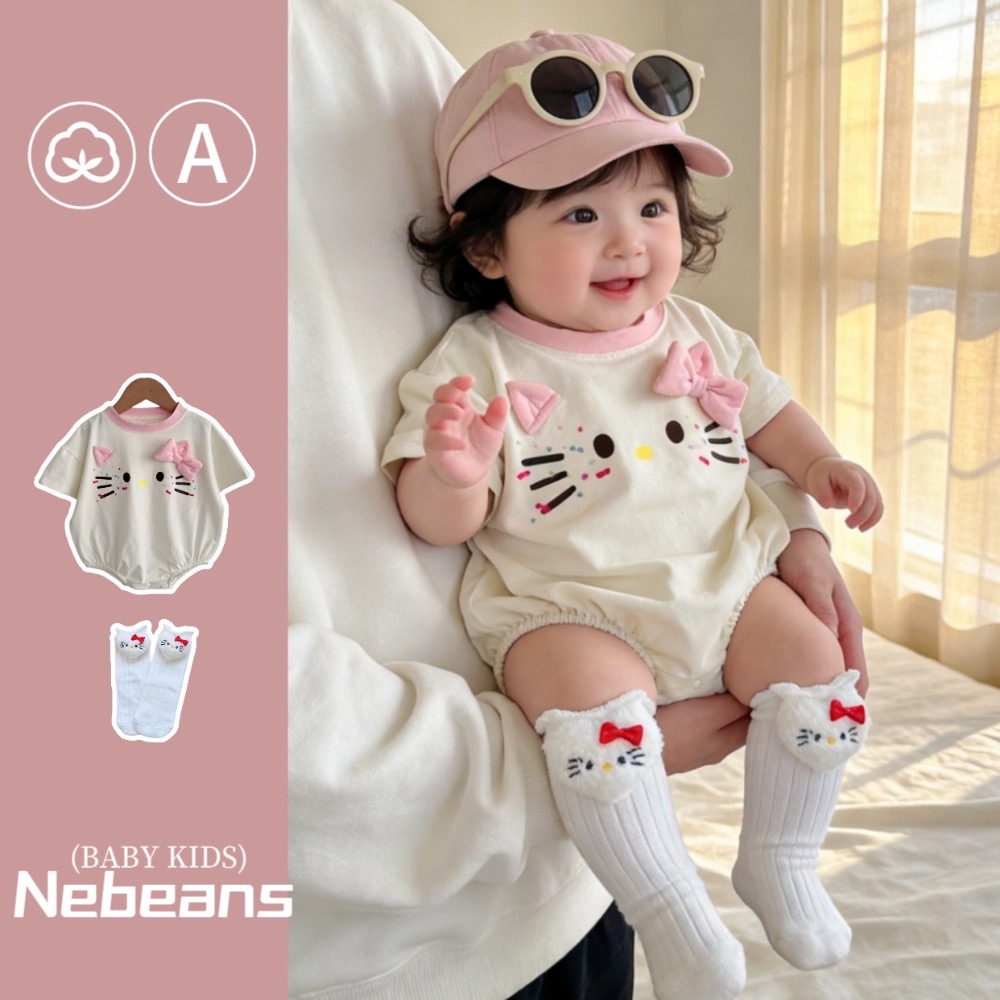 寶寶夏季粉領KITTY短袖包屁衣(含襪子)-規格圖6