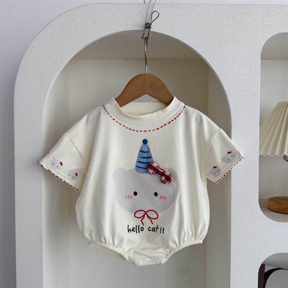 寶寶夏季米色貓貓蝴蝶結短袖包屁衣(含襪子)-細節圖5