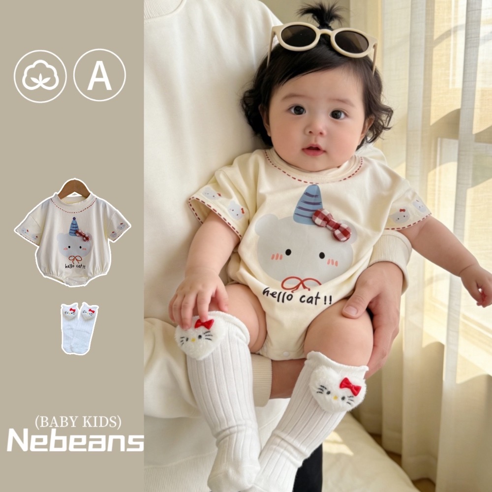 寶寶夏季米色貓貓蝴蝶結短袖包屁衣(含襪子)-規格圖6