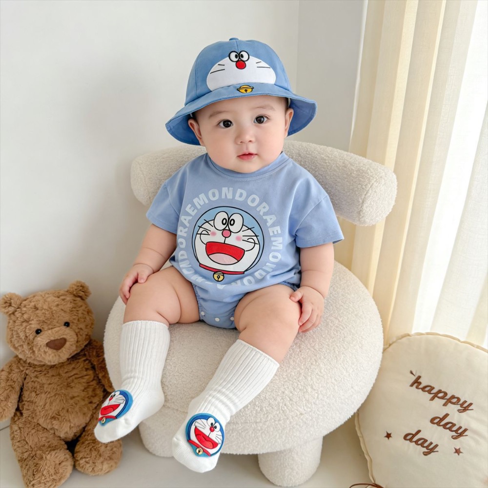 寶寶純色小叮噹短袖包屁衣(含襪子)-細節圖3