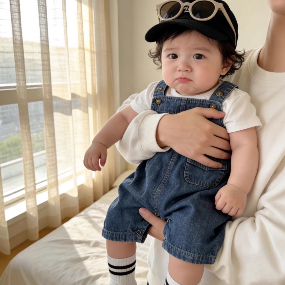 寶寶夏季牛仔背帶褲三件組(衣+褲+襪)-細節圖3