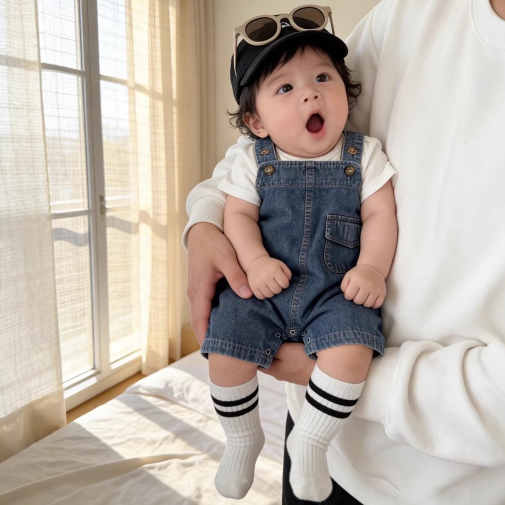 寶寶夏季牛仔背帶褲三件組(衣+褲+襪)-細節圖4