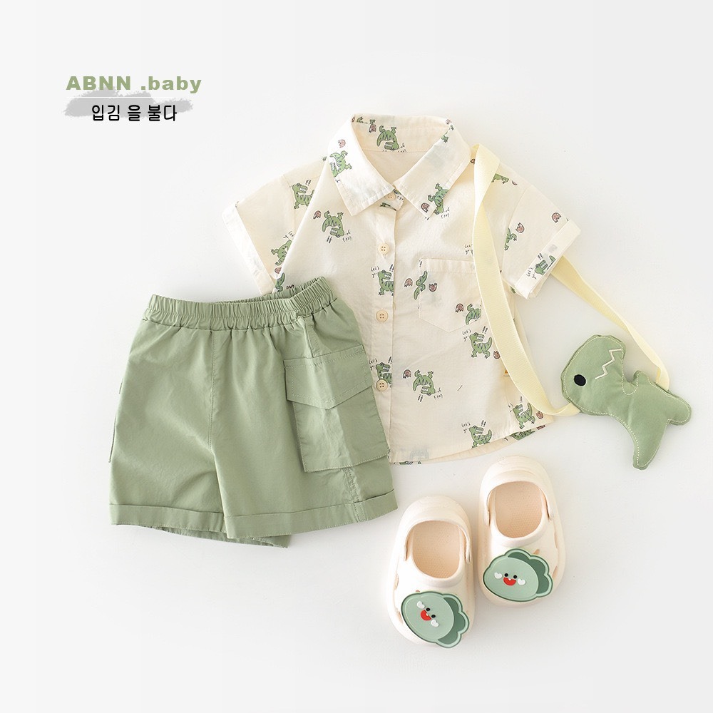 ABNN 寶寶夏季恐龍探險清新襯衫套裝(附公仔)-細節圖2