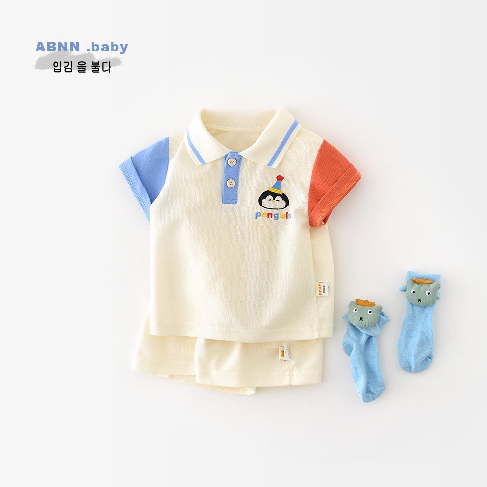 ABNN 寶寶夏季彩袖企鵝學院風兩件套裝-細節圖2
