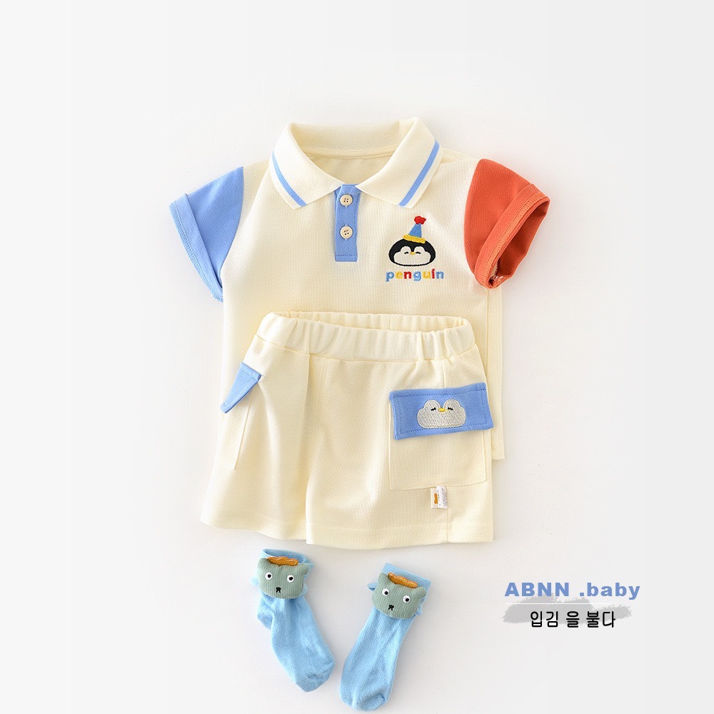 ABNN 寶寶夏季彩袖企鵝學院風兩件套裝-細節圖3