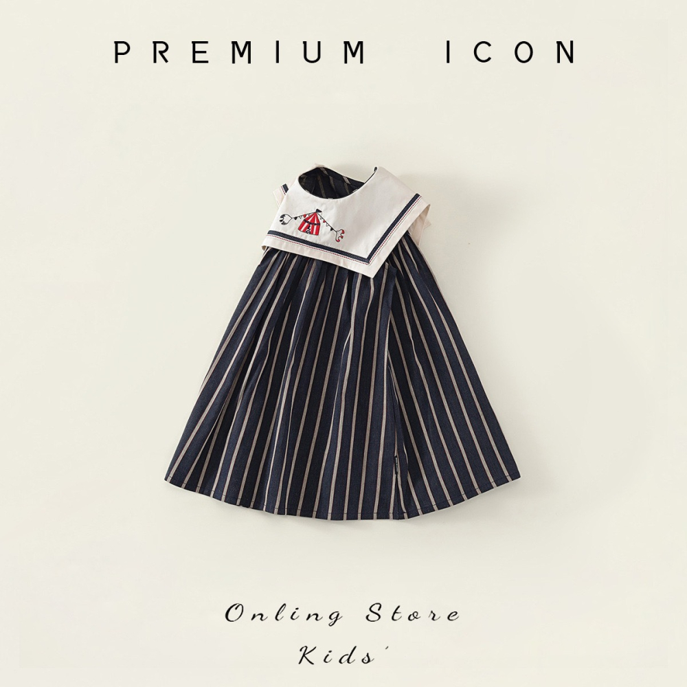 PREMIUM ICON 女童夏季復古刺繡條紋無袖公主洋裝-細節圖2