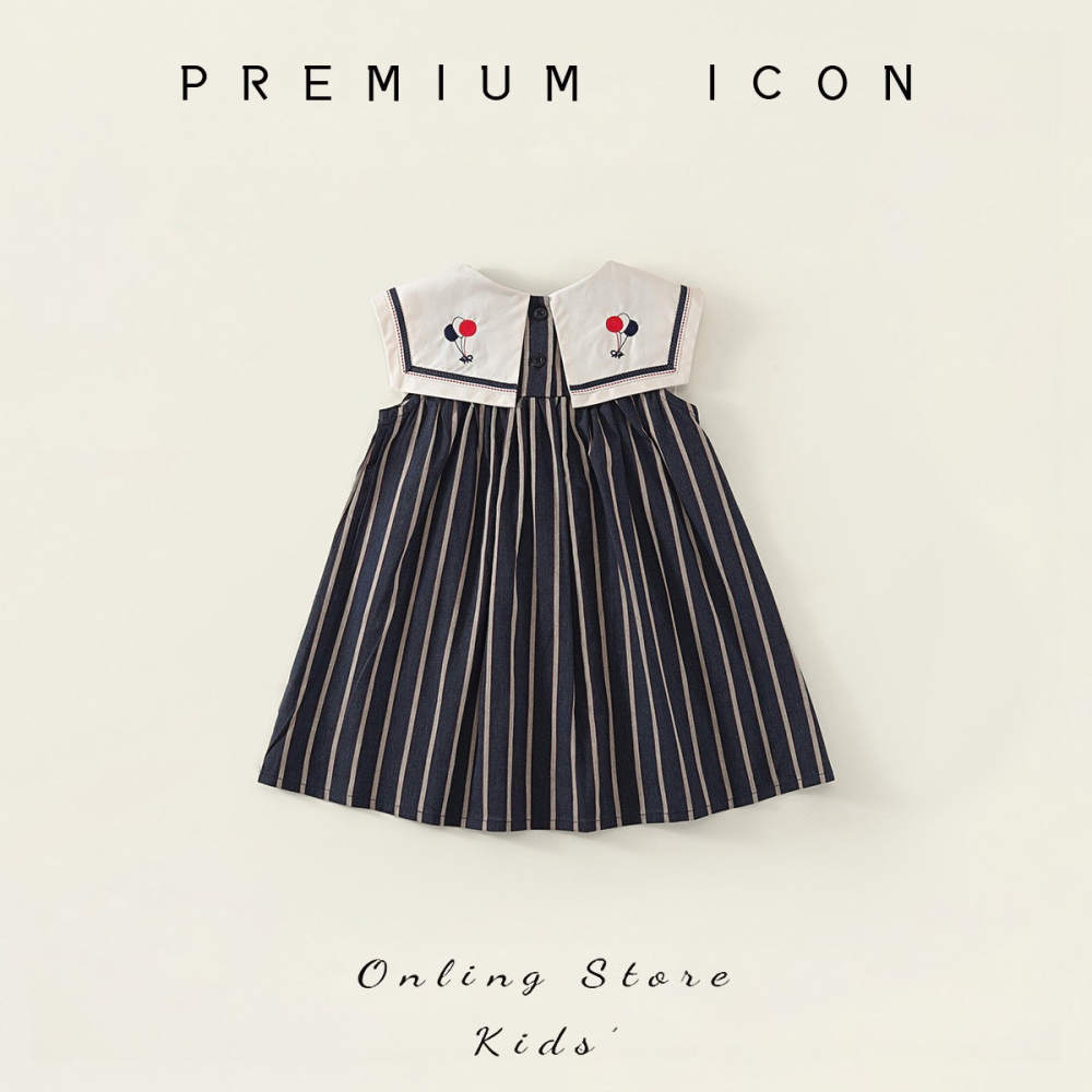 PREMIUM ICON 女童夏季復古刺繡條紋無袖公主洋裝-細節圖3