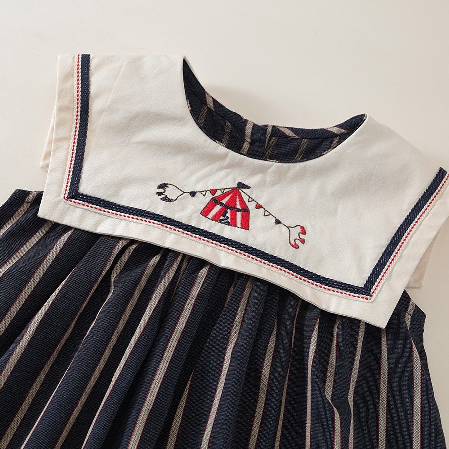 PREMIUM ICON 女童夏季復古刺繡條紋無袖公主洋裝-細節圖4