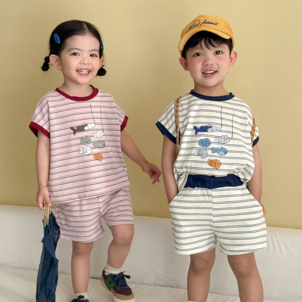 兒童夏日可愛條紋運動套裝-細節圖3