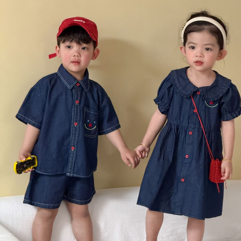 兒童夏日兄弟姊妹牛仔套裝/連身裙-細節圖2