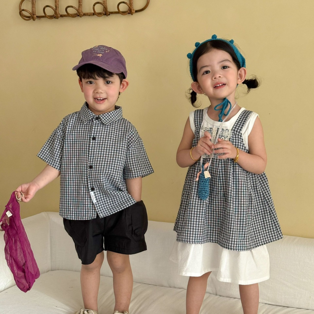 兒童夏日兄弟姊妹格子襯衫套裝/連身裙-細節圖2