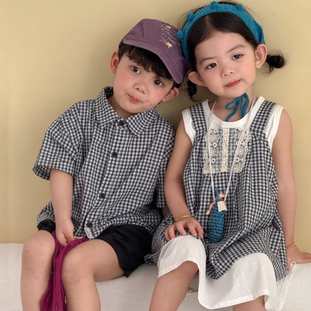 兒童夏日兄弟姊妹格子襯衫套裝/連身裙-細節圖4