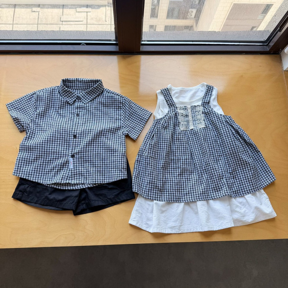 兒童夏日兄弟姊妹格子襯衫套裝/連身裙-細節圖7