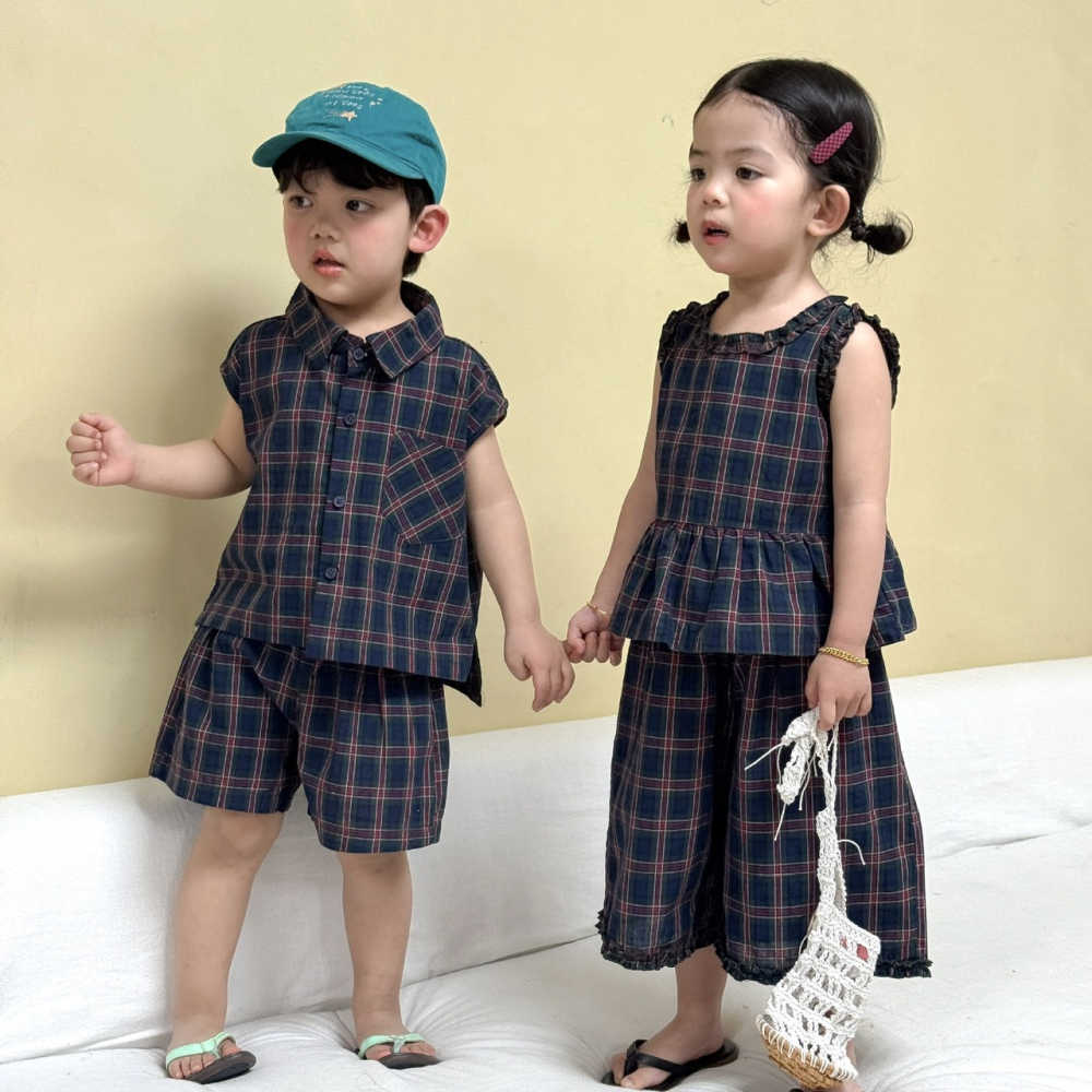兒童夏日兄弟姊妹背心格子套裝/連身裙-細節圖2