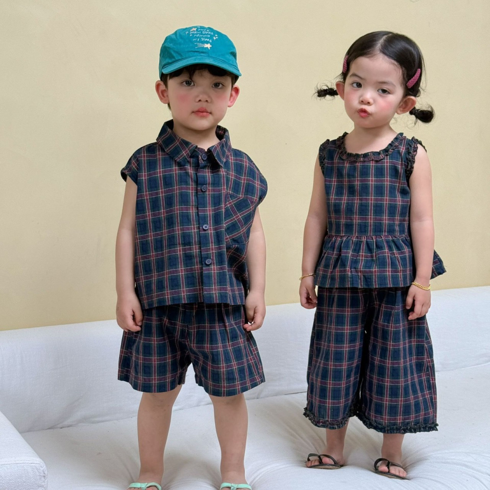 兒童夏日兄弟姊妹背心格子套裝/連身裙-細節圖3