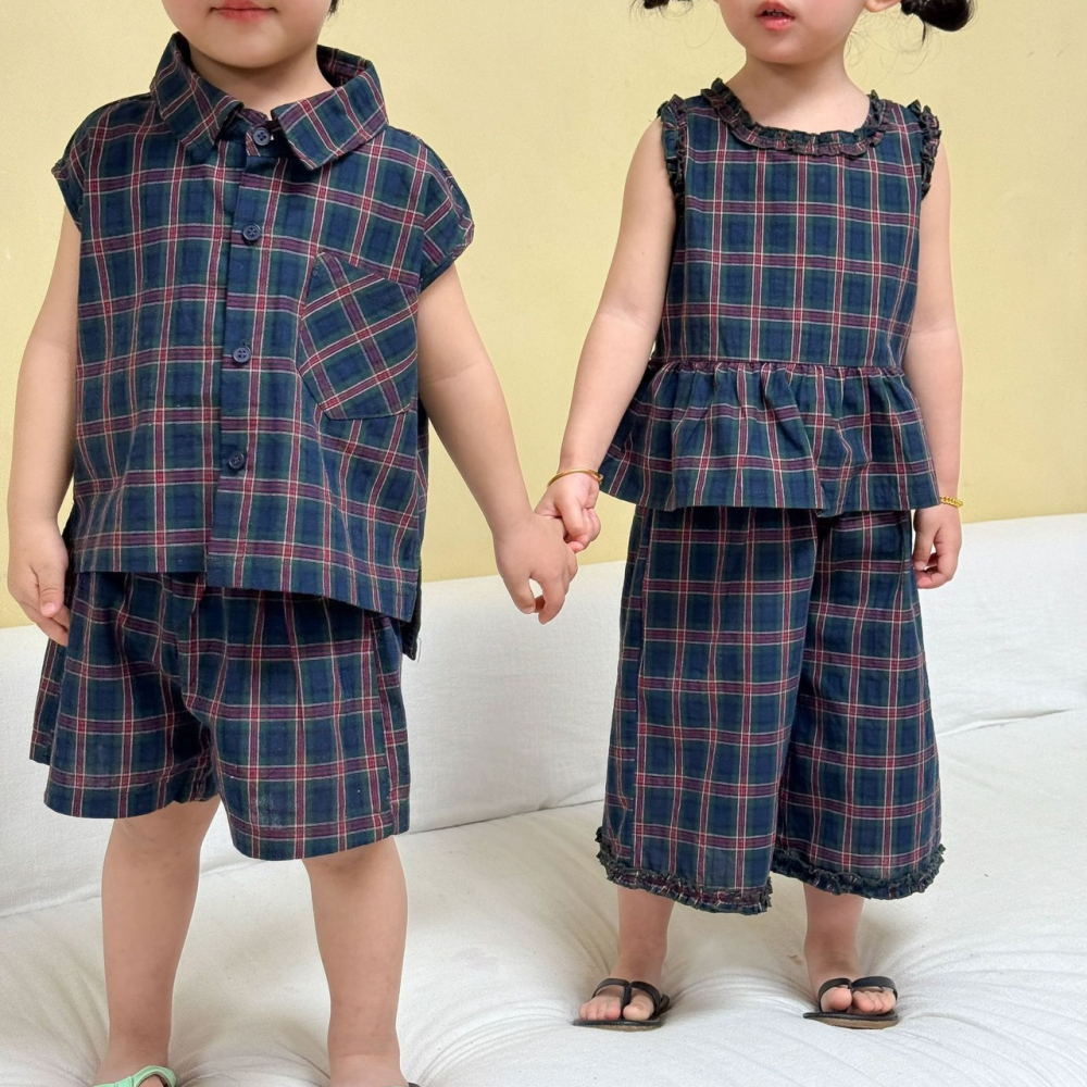 兒童夏日兄弟姊妹背心格子套裝/連身裙-細節圖4