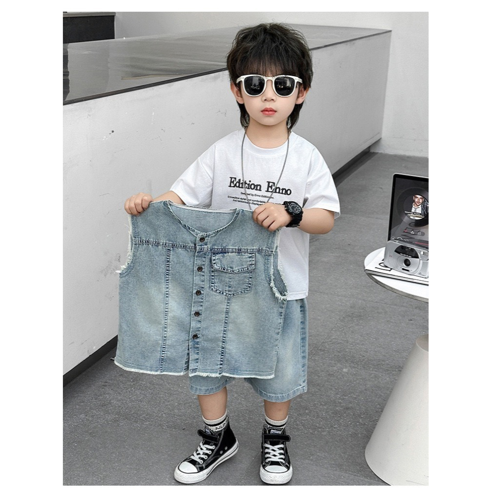 男童夏季牛仔毛邊三件組套裝-細節圖6