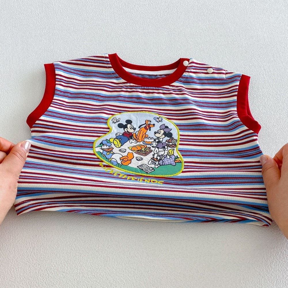 寶寶夏季米奇家族條紋背心 / 刺繡感牛仔短褲-細節圖5
